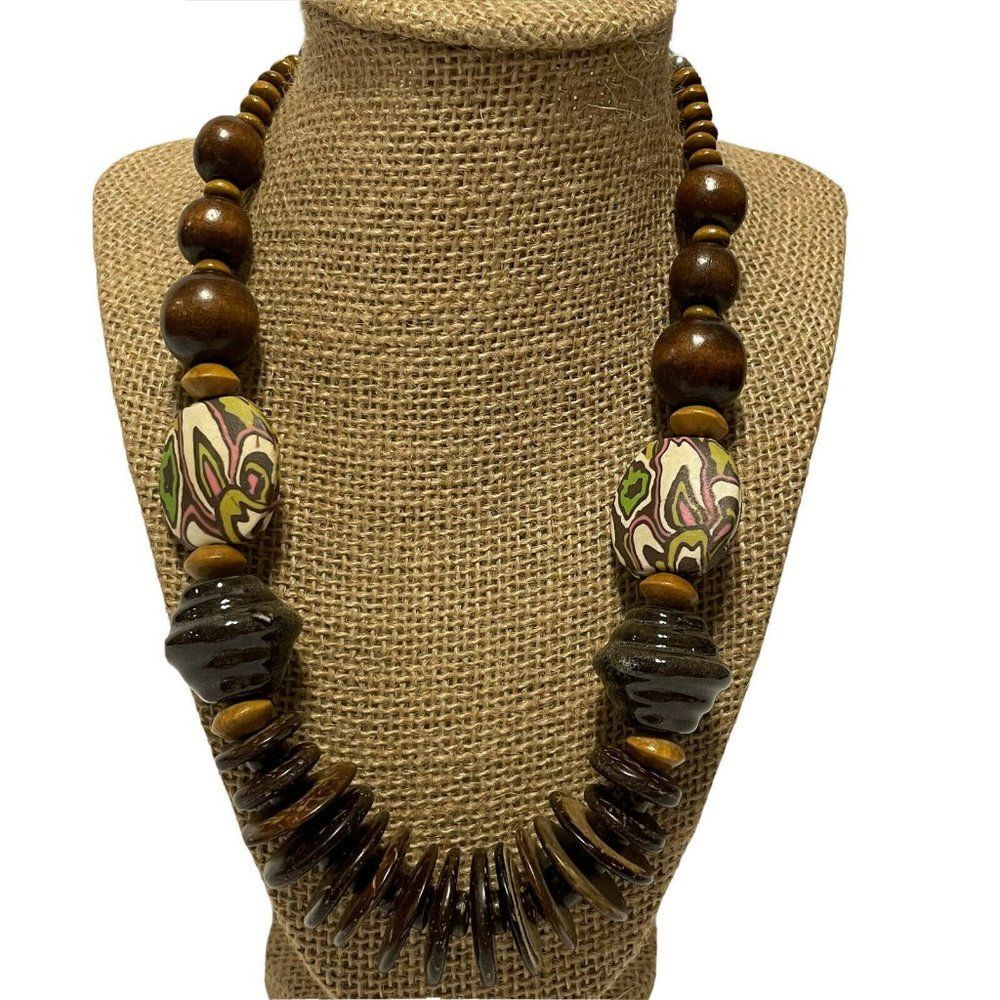 JS brown graduating wood bead Disk ceramic bead Collar necklace boho 17-20”